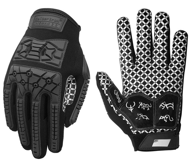 Seibertron Lineman 2.0 Padded Palm Football Receiver Full Finger Gloves, Flexible TPR Impact Protection Back of Hand Glove Youth Black L - Image 1
